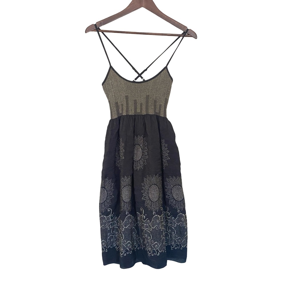 Max Studio Sunflower Print Women Sundress S‎ Black Gold Metallic Smocked Boho